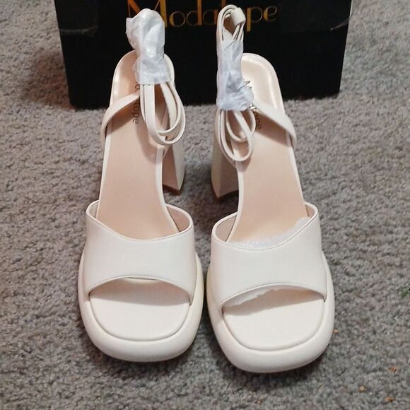Modatope Chunky Heel, Platform Open Round Toe Ankle Strap off White Sz 10 NWT - Picture 2 of 9